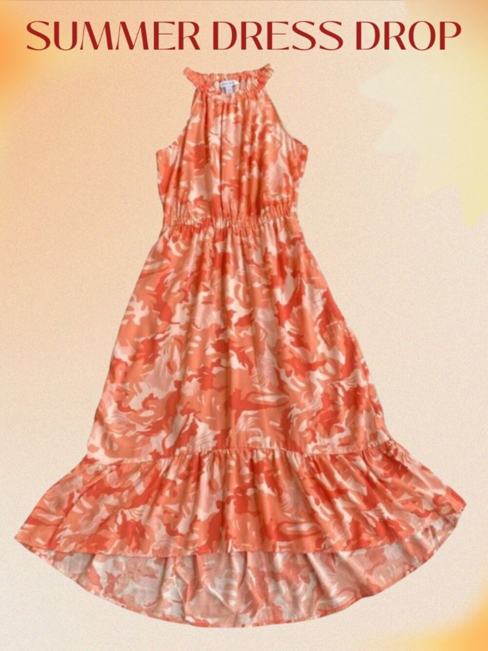 Nine West XL Coral Orange Floral Halter Midi Dress Sleeveless Ruffle Hem Summer